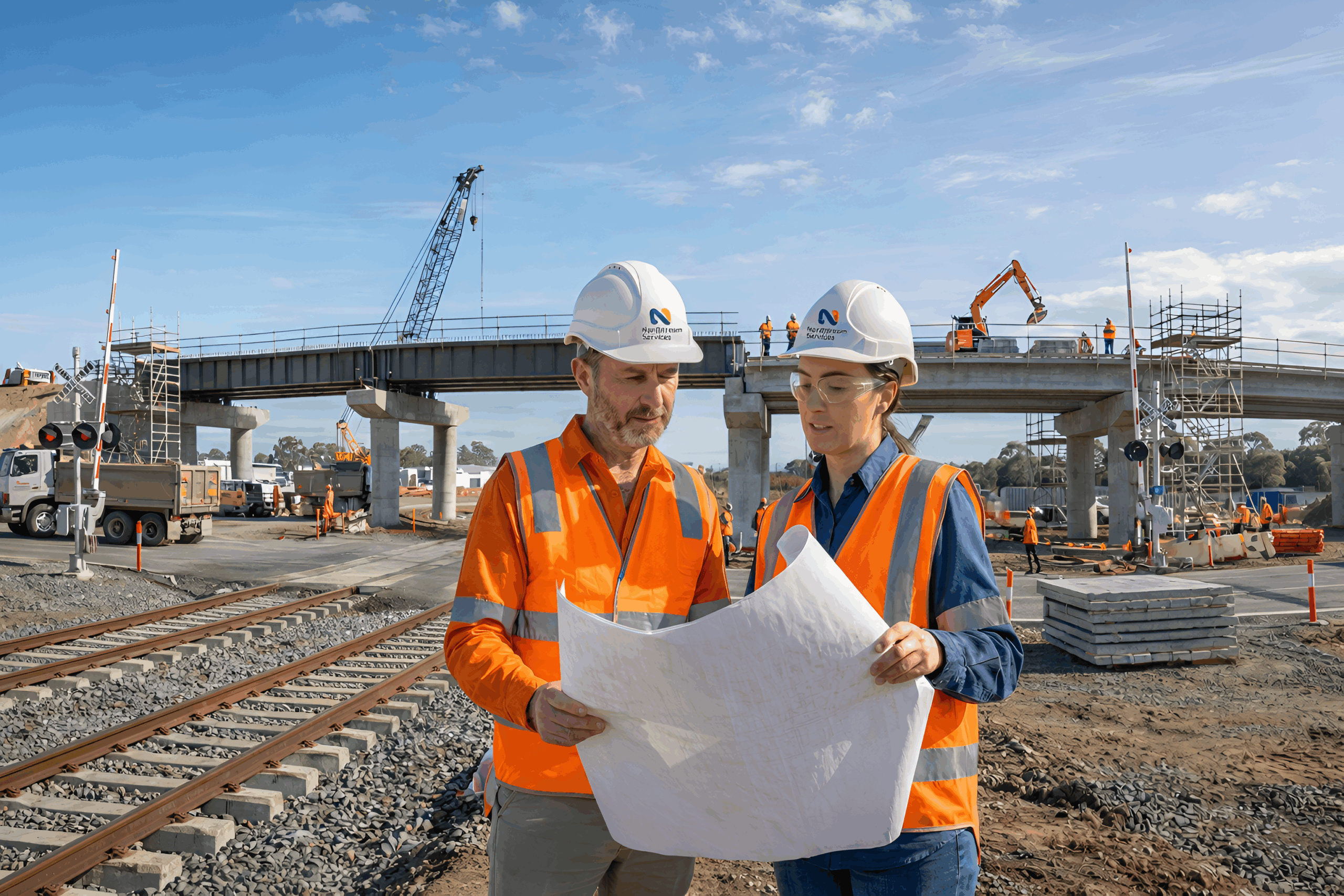Two engineers in safety vests and hard hats reviewing blueprints at a bridge construction site
