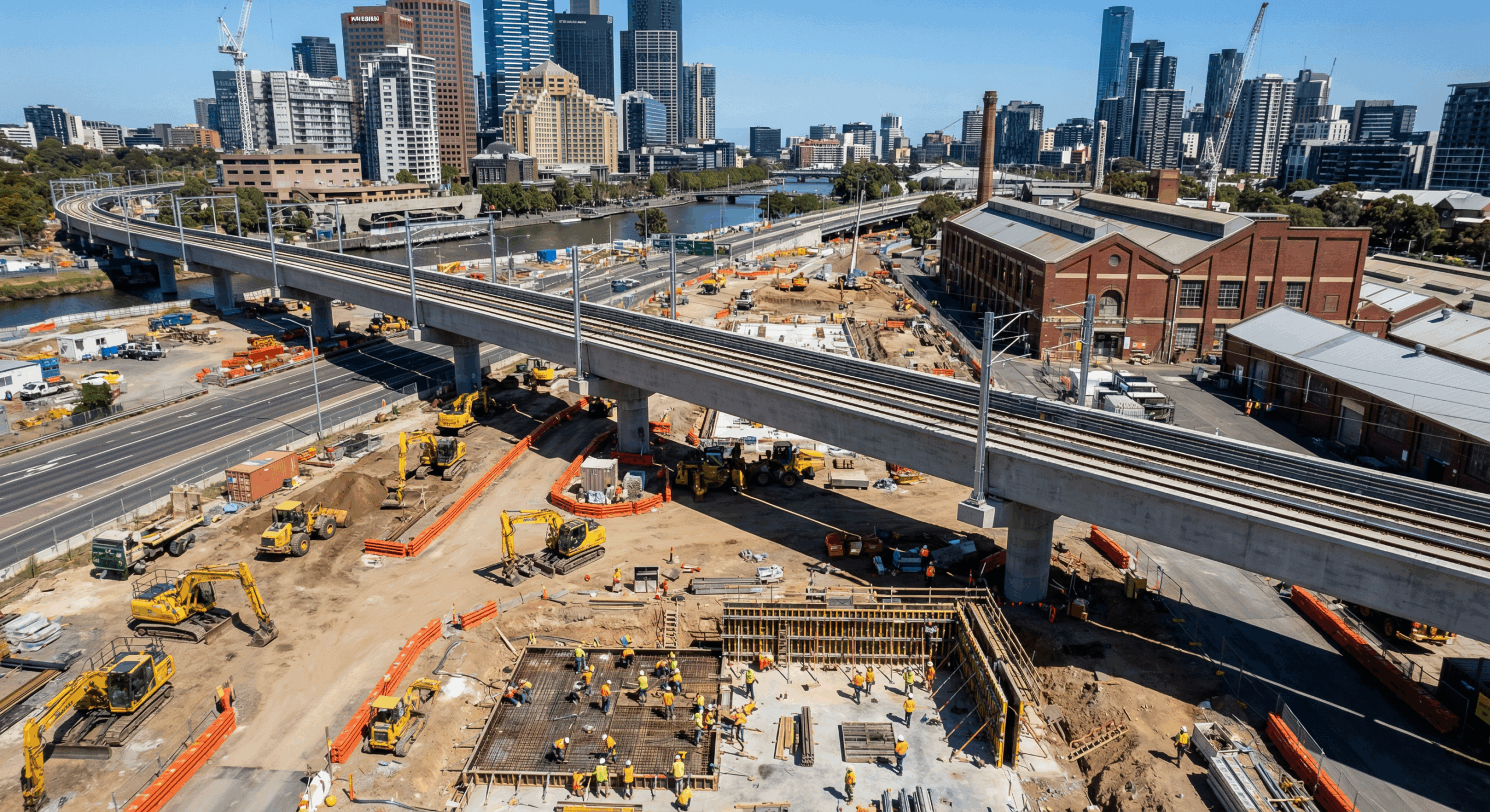 Urban construction project site with excavators and cranes near city skyline in Melbourne